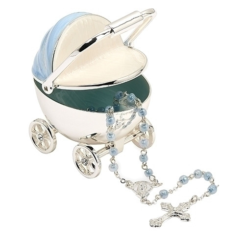 Blue Baby Carriage Keepsake with Rosary | Metal/Glass