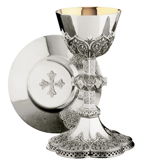 #2390 Gothic Chalice & Dish Paten | 8 3/4", 12oz. | Brass and Sterling Silver | Silver Plated | 24K Gold Lined