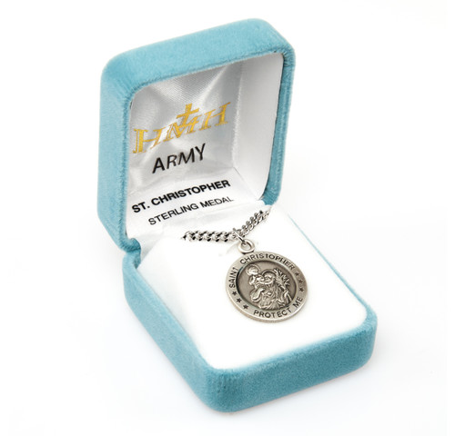 Sterling Silver Army Medal with St. Christopher on Reverse Side