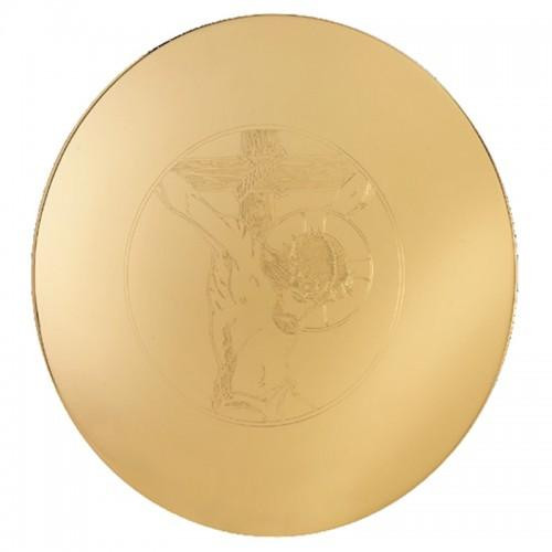 5-1/2" Engraved Crucifix Scale Paten | High Polish 24K Gold Plated