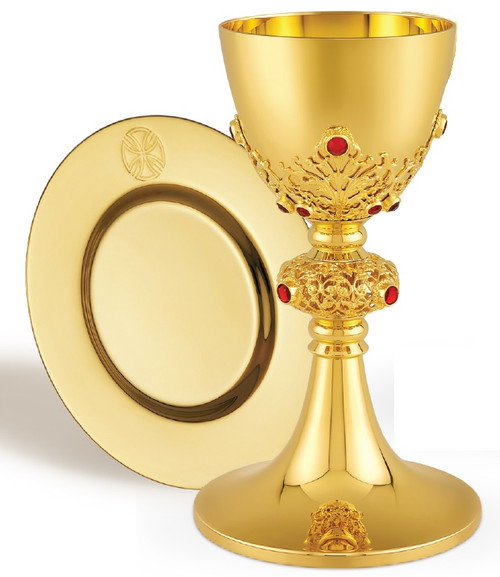 Gemstone Chalice & Well Paten | 8", 10oz. | 24K Gold Plated | Made in Poland