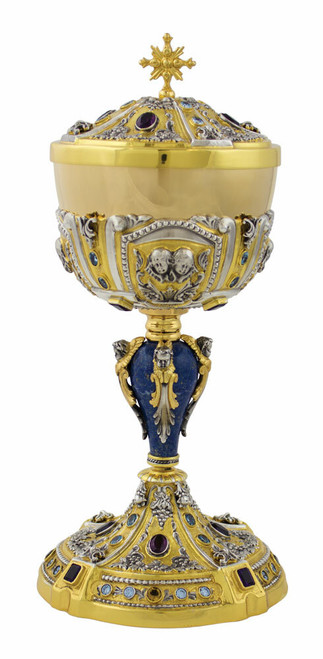 Sterling Silver Traditional Covered Ciborium | 12-1/4" | All Sterling Silver with Amethyst Stones | Made in Italy