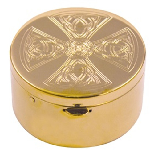 Celtic Engraved Pyx | 24K Gold Plate | Satin Inside | Holds 20 Hosts