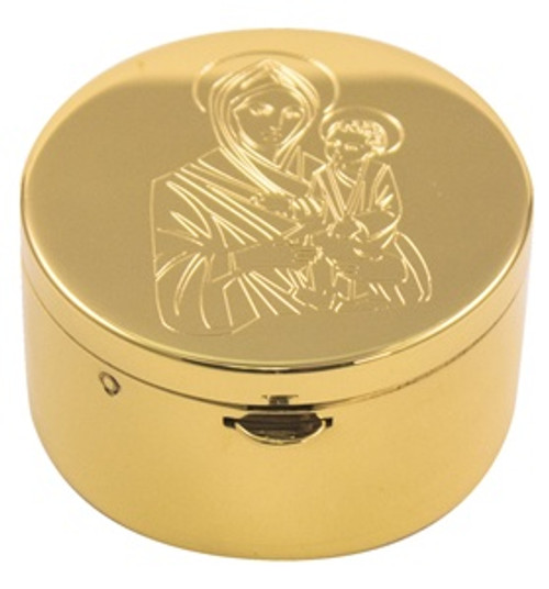 Mary & Child Engraved Pyx | 24K Gold Plate | Satin Inside | Holds 20 Hosts
