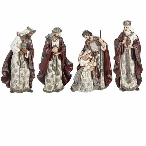 13" Burgundy Nativity Set with Pewter Accents | 4 piece | Resin