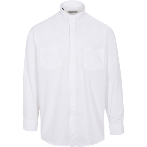 Ample Cut White Clergy Shirt | Tab Collar | Long Sleeve | Poly/Cotton