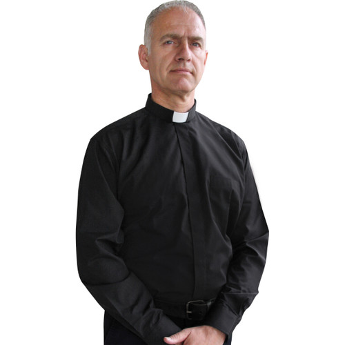 Black Assisi Clergy Shirt | Tab Collar | Long Sleeve | Poly/Cotton