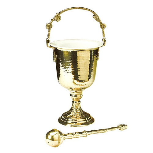 Brass Hammered Holy Water Pot with Sprinkler Set | Polished Brass