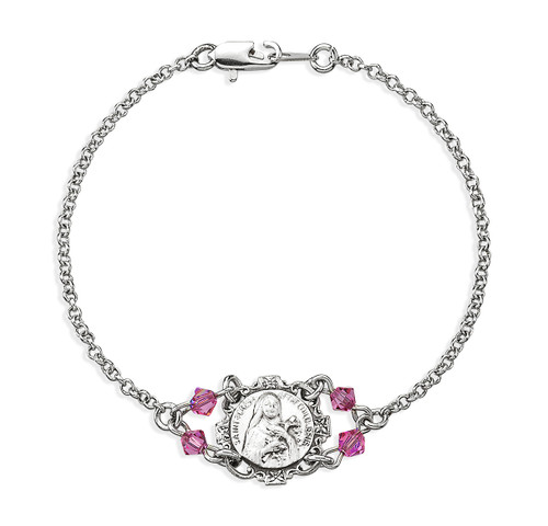 Sterling Silver St. Therese Medal with Fine Crystal Pink Beads on Platinum Plated Rolo Bracelet 7 1/2"