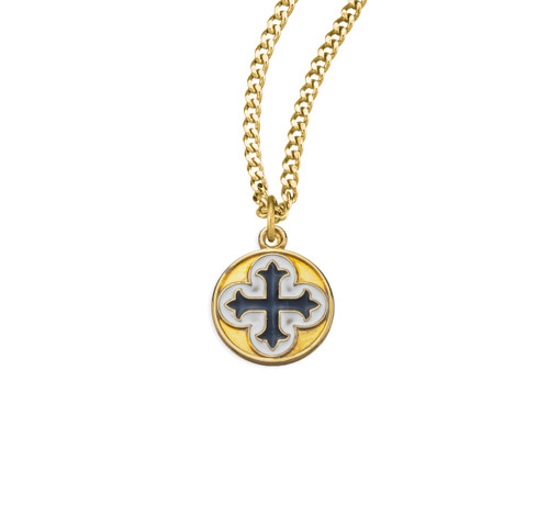 Gold Over Sterling Silver Cross on Clover with Blue and White Epoxy