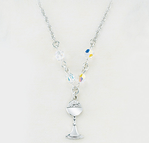 Sterling Silver Chalice Necklace Adorned with 5mm Aurora Borealis Finest Austrian Crystal Beads