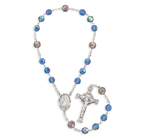 Sterling Silver Our Lady of Guadalupe Chaplet made with Finest Austrian Crystal Light Sapphire Beads & Floral Glass Beads Crystal 7mm