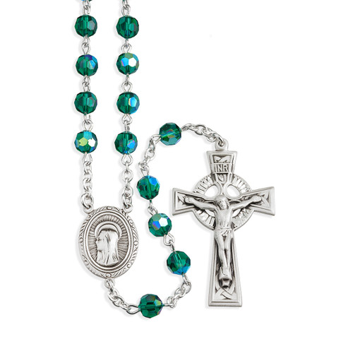 Sterling Silver Rosary Hand Made with finest Austrian Emerald Crystal 6mm Faceted Round Beads by HMH