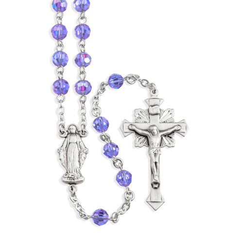 Sterling Silver Rosary Hand Made with finest Austrian Crystal 6mm Violet Faceted Round Beads by HMH