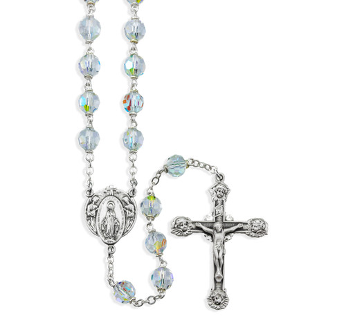 Sterling Silver Czech Rosary 7mm Tin Cut Crystal with Angel Miraculous Medal Center and Angel tipped Crucifix