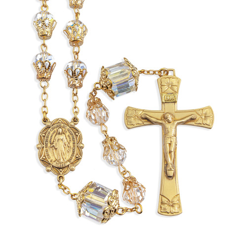 8mm Crystal Faceted Glass Bead Rosary with 12mm  Double Capped O.F. Beads a Solid Brass Crucifix and Center
