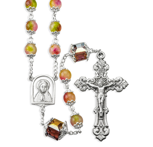 8mm Multi Color Double Capped Rose Glass Bead Rosary with 10mm O.F. Cubes. Pewter Crucifix and Center