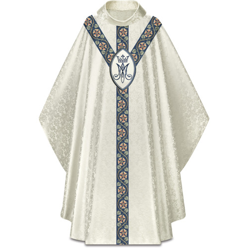 #5390 Woven Floral Band Chasuble with Marian Emblem | Roll Collar | 100% Damask