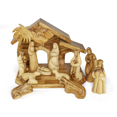7" Olive Wood Nativity Set | Faceless Figures | Medium Stable