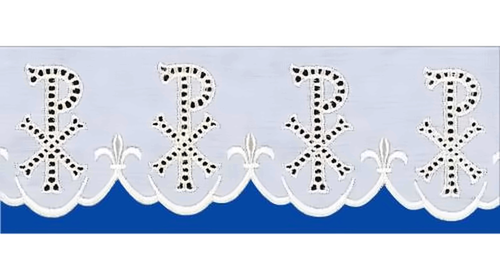 6021 White Silk Embroidered Eyelet Chi Rho Altar Cloth | 100% Pure Linen | Custom Sizing Quote Form