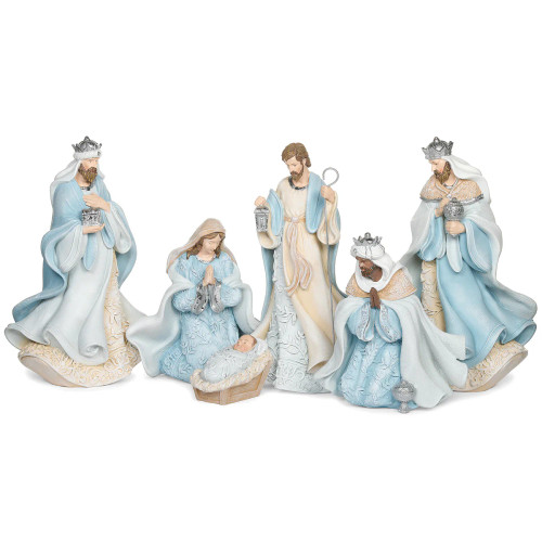 10" Nativity Set with Leaf Pattern and Blue Gowns Set | 6 Pieces