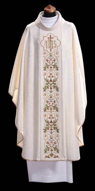 Ornate IHS Embroidered Velvet-Panel Chasuble | 100% Polyester | All Colors | Made in Poland