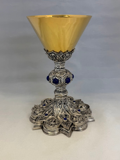 QUICK SHIP -  Hand-Chiseled Gothic Lapis Chalice | 9 5/8", 7oz. | Sterling Silver Cup | Handmade in Italy