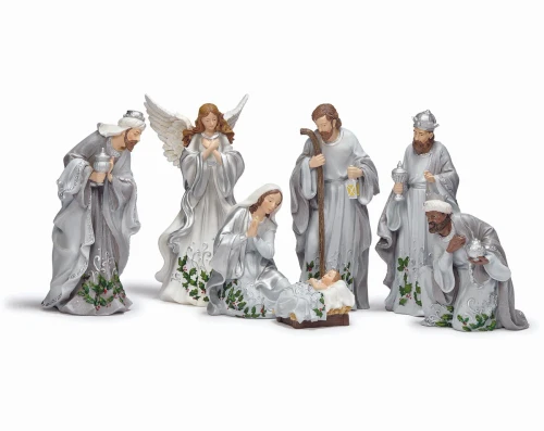 10" Holly Berry Silver Curl Nativity Set | 7 Pieces | Polyresin