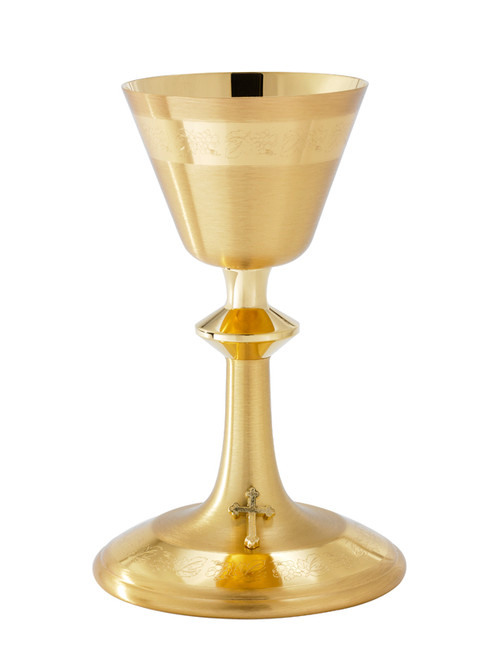 8 1/8", 8oz. Chalice & Paten | 24K Gold Plated | Engraved Grape Design