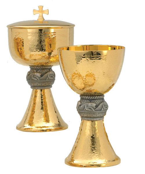 Fish Node Chalice & Bowl Paten | 7", 12oz. | 24K Gold Plated | Hammered Texture