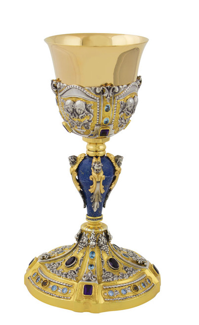 Sterling Silver Chalice with Paten | 10-1/2", 12oz. | All Sterling Silver with Amethyst Stones | Made in Italy