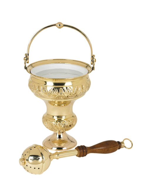 Ornate Holy Water Pot With Sprinkler Set | Brass
