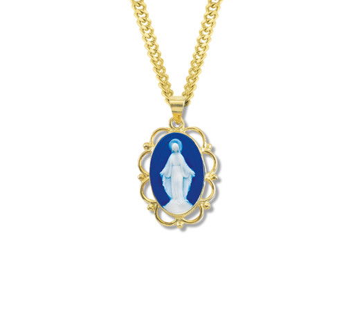 Dark Blue Gold Over Sterling Silver Cameo Miraculous Medal | 18" Gold Plated Chain