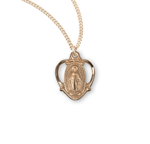 Pierced Heart Gold Over Sterling Silver Miraculous Medal | 18" Gold Plated Chain
