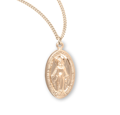 Slim Gold Over Sterling Silver Oval Miraculous Medal | 18" Gold Plated Chain