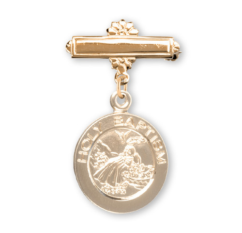 Gold Over Sterling Silver Round Baby Holy Baptism Medal on a Bar Pin