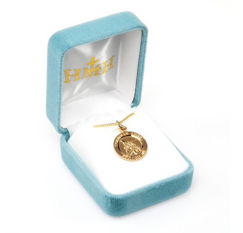 Guardian Angel Round Gold Over Sterling Silver Medal | Blank Back | 13" 16kt Gold Plated Chain