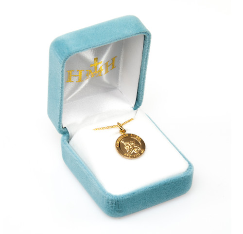 Guardian Angel Round Gold Over Sterling Silver Medal | 13" 16kt Gold Plated Chain