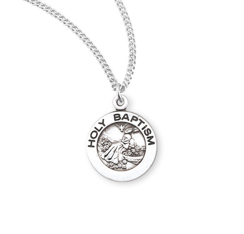 Holy Baptism Round Sterling Silver Medal | 18" Chain