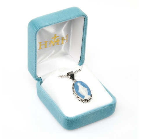 Light Blue Sterling Silver Cameo Miraculous Medal | Made In Italy | 18" Endless Curb Chain Light Blue Sterling Silver Cameo Miraculous Medal | Made In Italy | 18" Endless Curb Chain