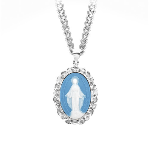 Light Blue Sterling Silver Cameo Miraculous Medal | Italian Filigree Frame | 24" Endless Chain