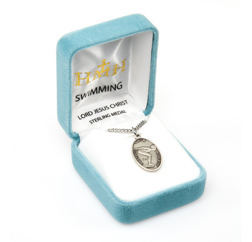 Lord Jesus Christ Oval Sterling Silver Female Swimming Athlete Medal