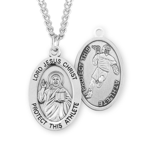 Lord Jesus Christ Oval Sterling Silver Lacrosse Male Athlete Medal