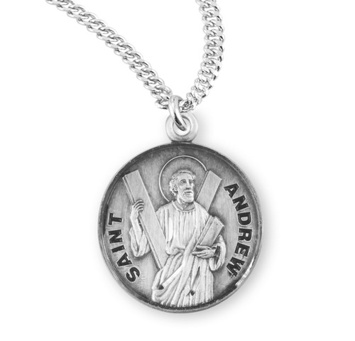 Patron Saint Andrew Round Sterling Silver Medal | 20" Chain