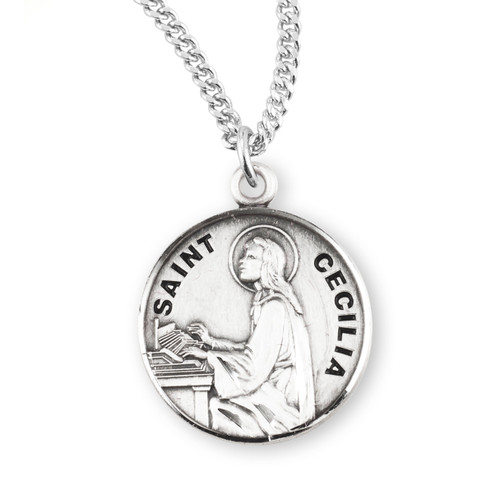 Patron Saint Cecilia Round Sterling Silver Medal | Style B | 18" Chain