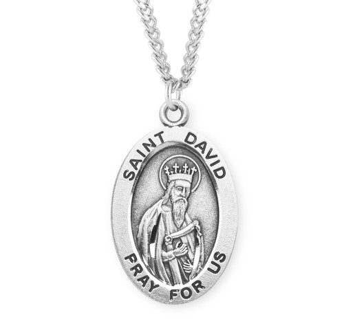 Patron Saint David Oval Sterling Silver Medal | 20" Chain