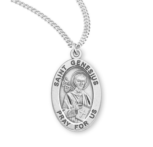 Patron Saint Genesius Oval Sterling Silver Medal | 20" Chain