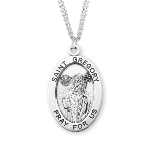 Patron Saint Gregory Large Oval Sterling Silver Medal | 24" Chain