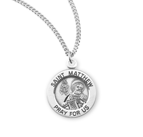Patron Saint Matthew Round Sterling Silver Medal | 18" Chain