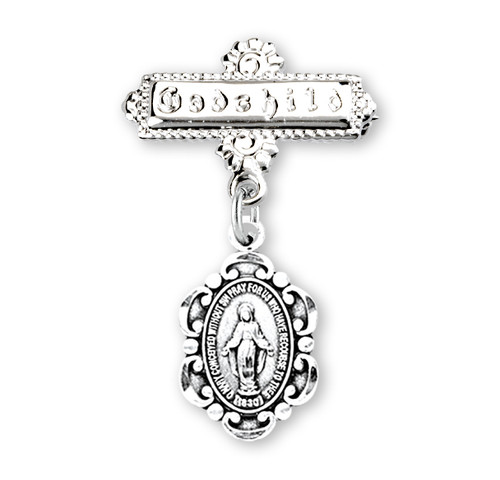 Sterling Silver Fancy Edge Miraculous Medal on a Godchild Bar Pin